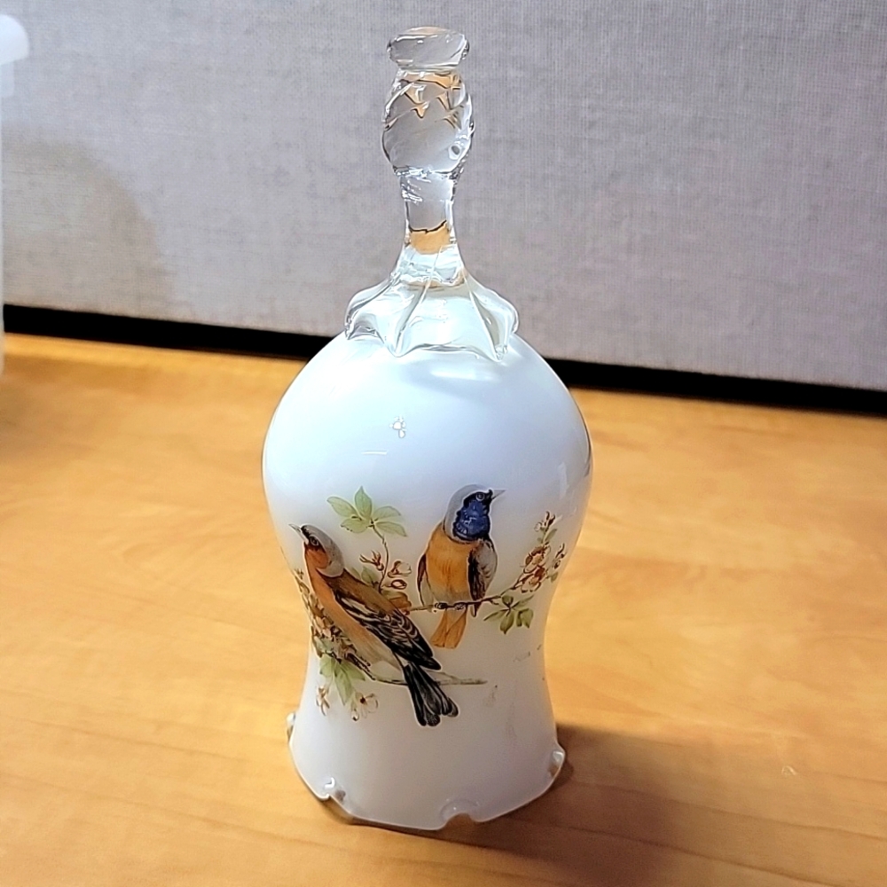 Bell Milk Glass Hand Painted Birds Hand Blown handle Bluebirds On branches